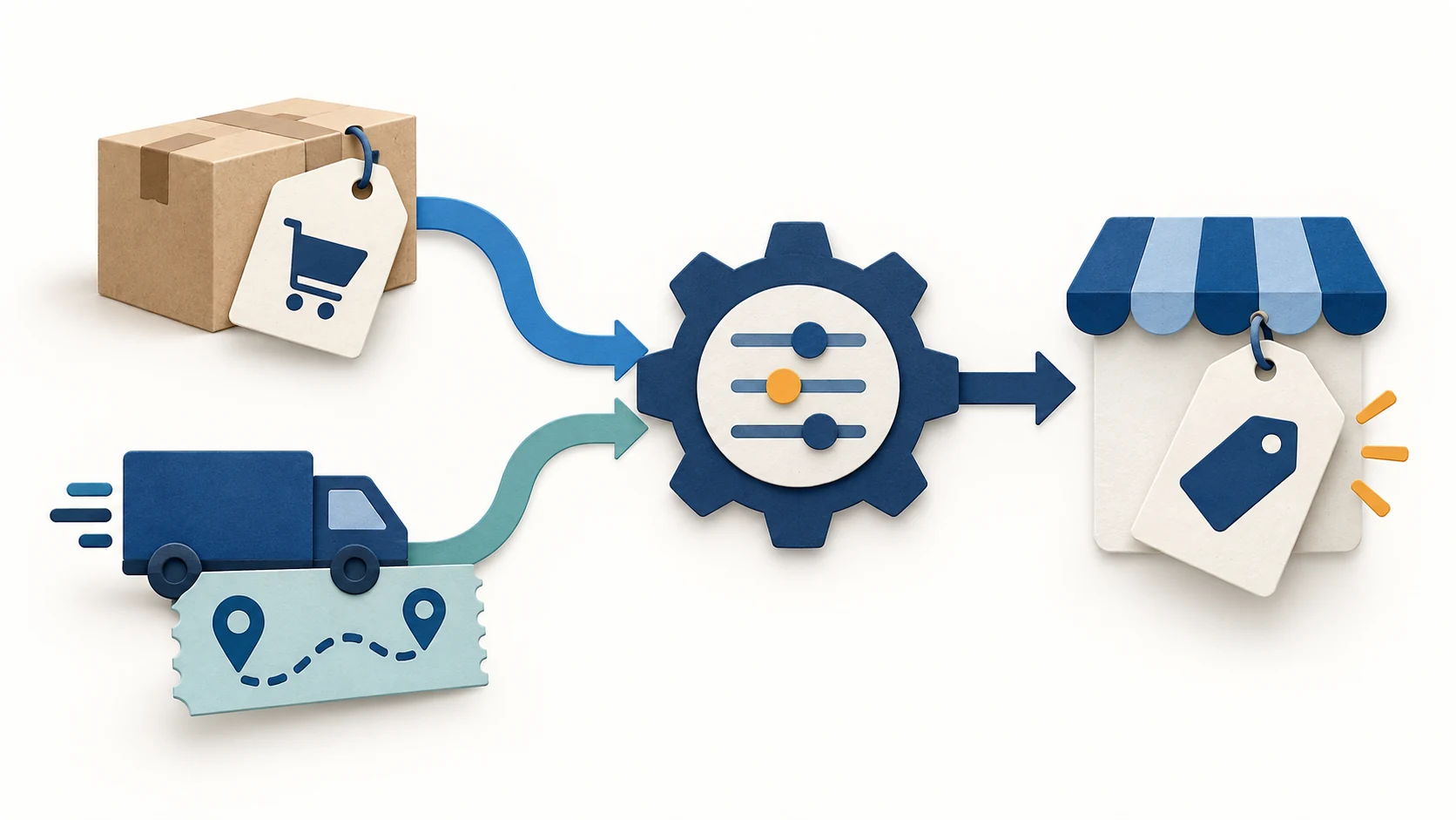 Separate product-price and destination-shipping inputs flow into one conceptual pricing rule and then a storefront price tag.