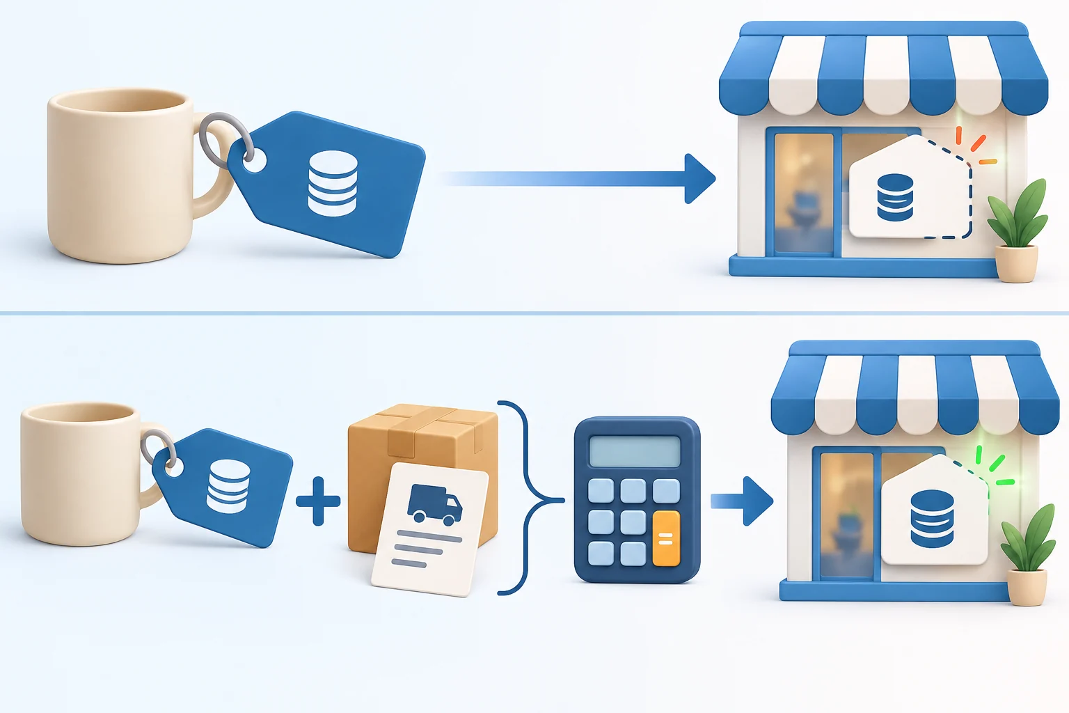 Two conceptual pricing paths showing a product price alone versus product price plus destination shipping cost before repricing.