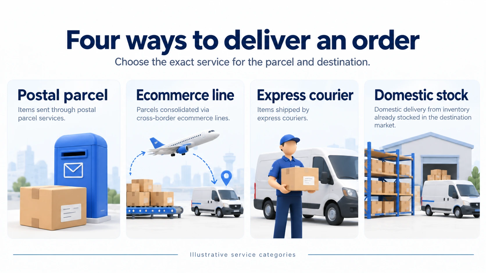 Postal parcels, ecommerce lines, express couriers and domestic stocked delivery illustrated separately.