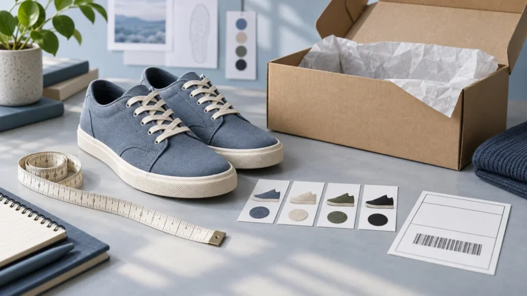 Unbranded casual shoes beside a tape measure, variant swatches and a sample box