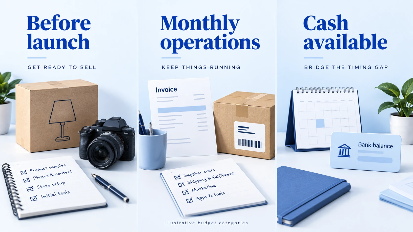 Illustrated setup expenses, monthly operating costs and cash available for the payout gap.