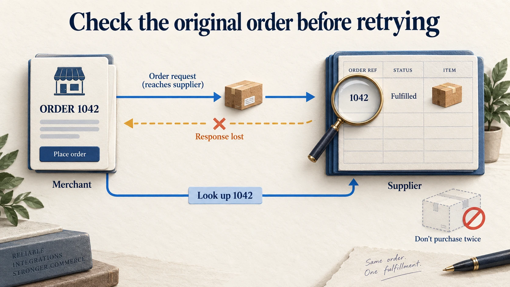A supplier has received order 1042, but its response was lost; look up the original order instead of purchasing twice.