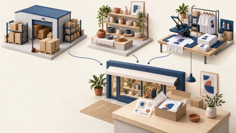 Three supplier models connect a merchant storefront to stocked goods, brand products and print production.