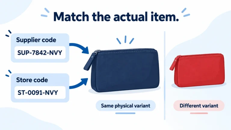 Two illustrative identifiers point to one navy pouch while a red pouch remains a separate variant.
