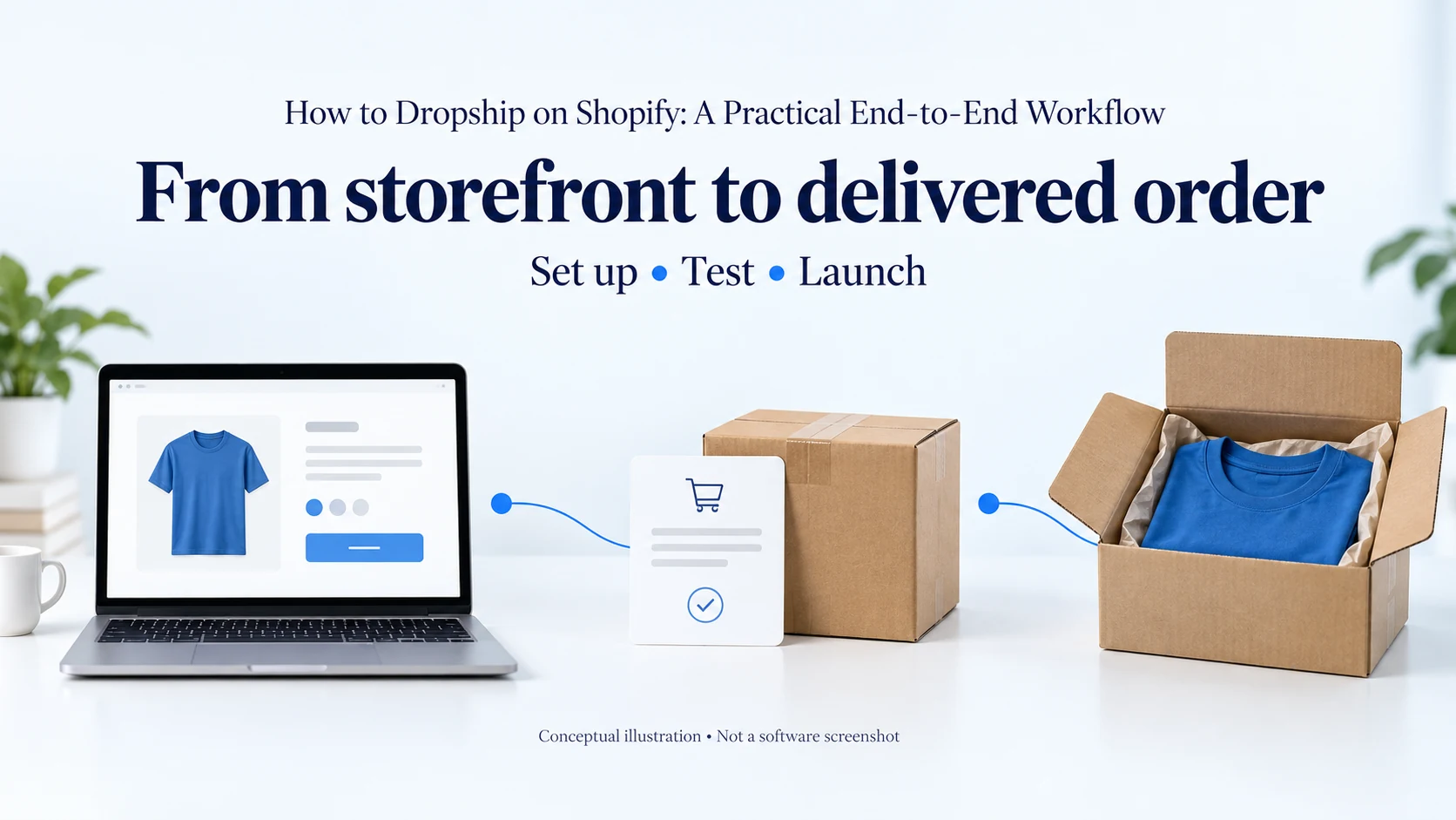 Conceptual storefront, order card and delivered shirt illustrating the Shopify dropshipping setup path.