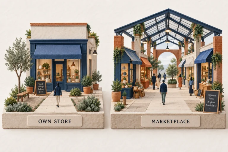 Editorial miniature of an independent storefront beside a shared marketplace arcade.