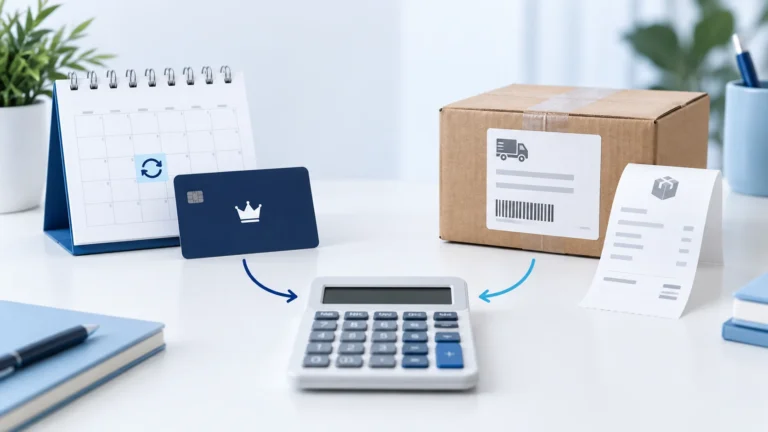 Conceptual recurring plan card and calendar beside a supplier parcel and order receipt, both feeding a calculator.