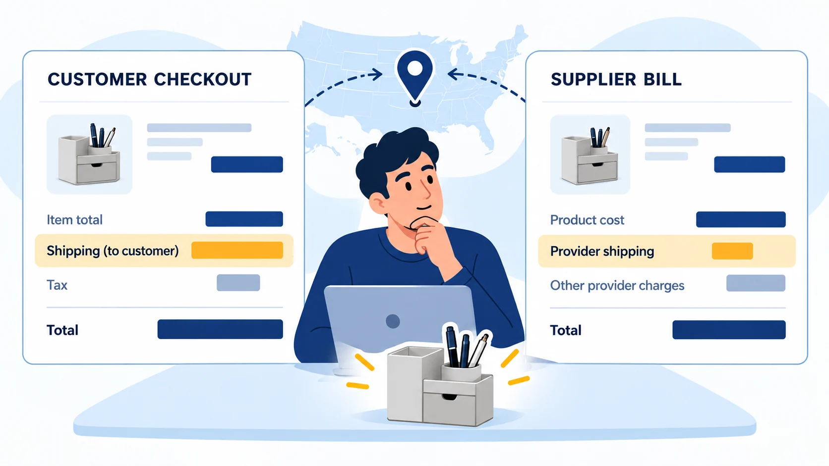 Conceptual comparison of a customer's Square checkout shipping charge and a separate supplier shipping bill for the same desk organizer and destination
