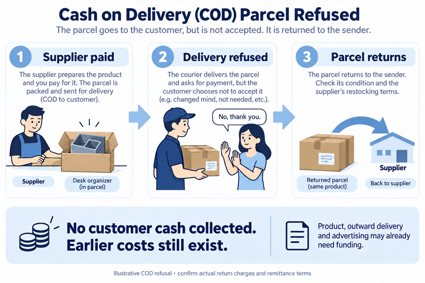 Illustrative COD parcel refused by a buyer and returned to the sender after the supplier has been paid.
