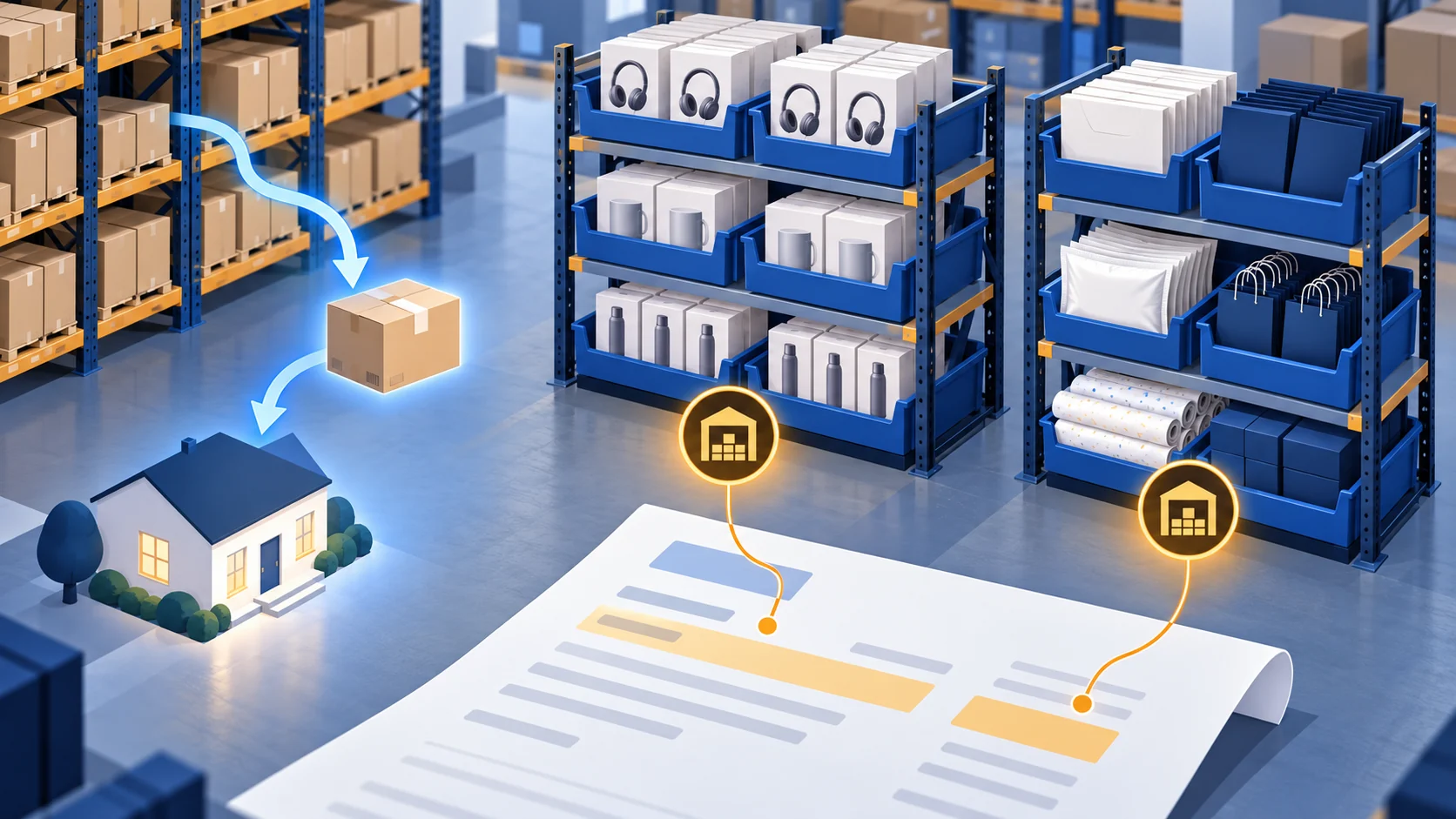 Illustration of supplier-held dropshipping stock beside separate merchant product and packaging storage bins connected to a storage invoice.