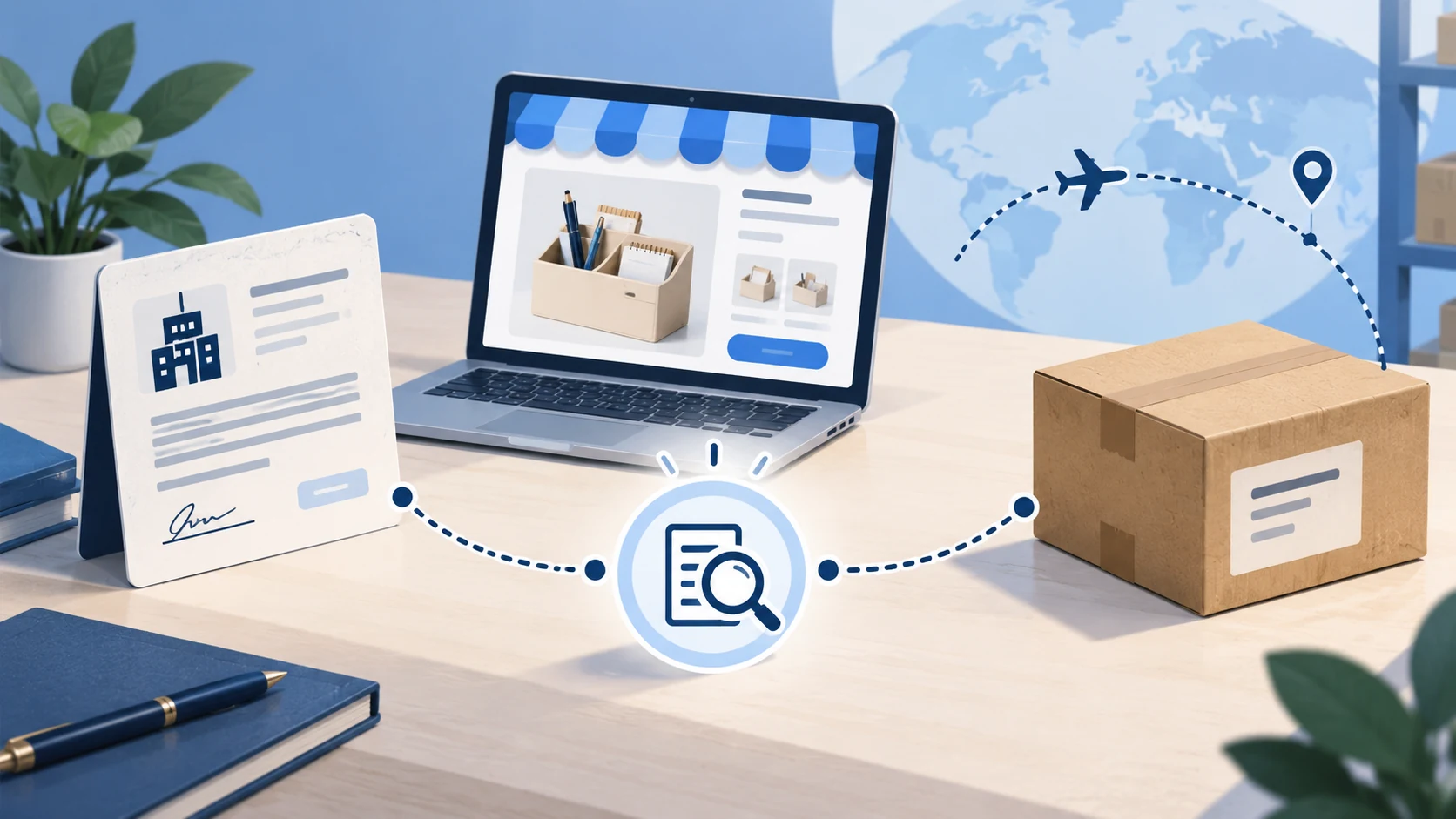 Illustration linking a seller's business details and product page to a supplier-packed parcel before payment setup.