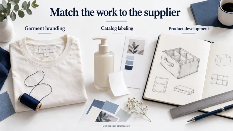 Conceptual samples distinguish garment branding, a catalog bottle label and physical product development.