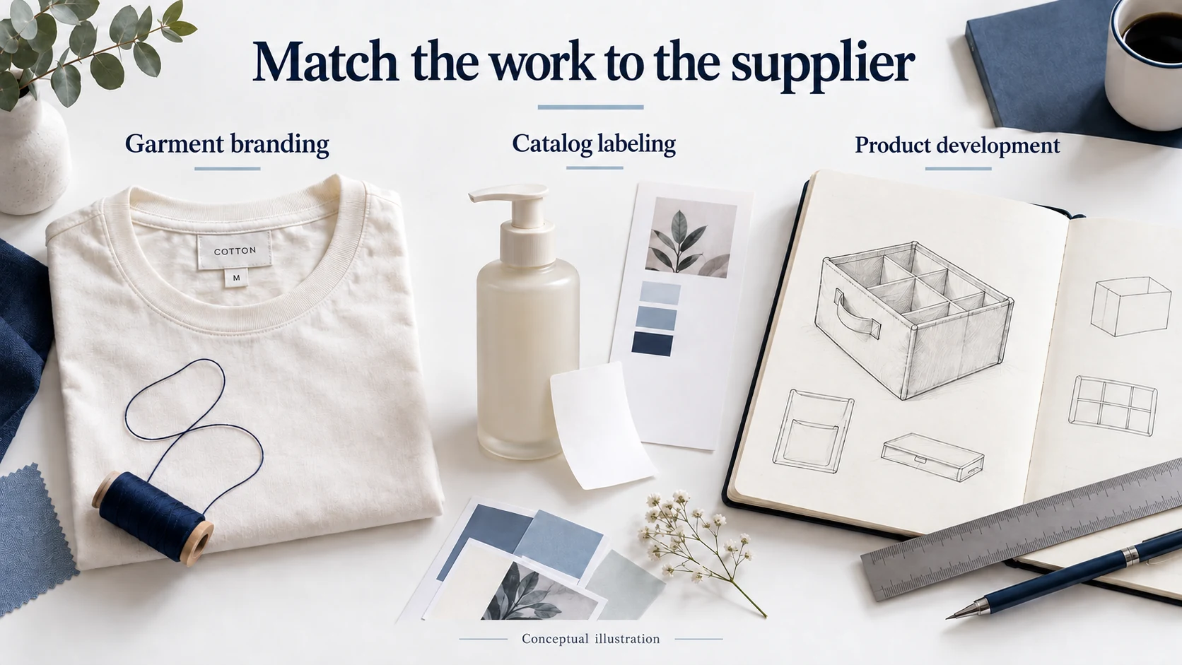 Conceptual samples distinguish garment branding, a catalog bottle label and physical product development.
