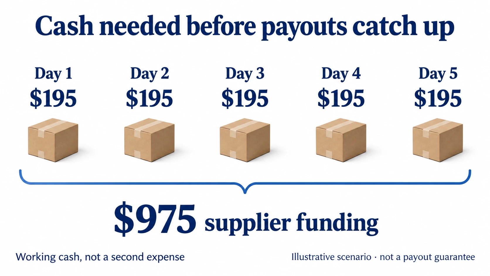 Five illustrative days of195 dollars supplier payments totaling975 dollars of working cash.
