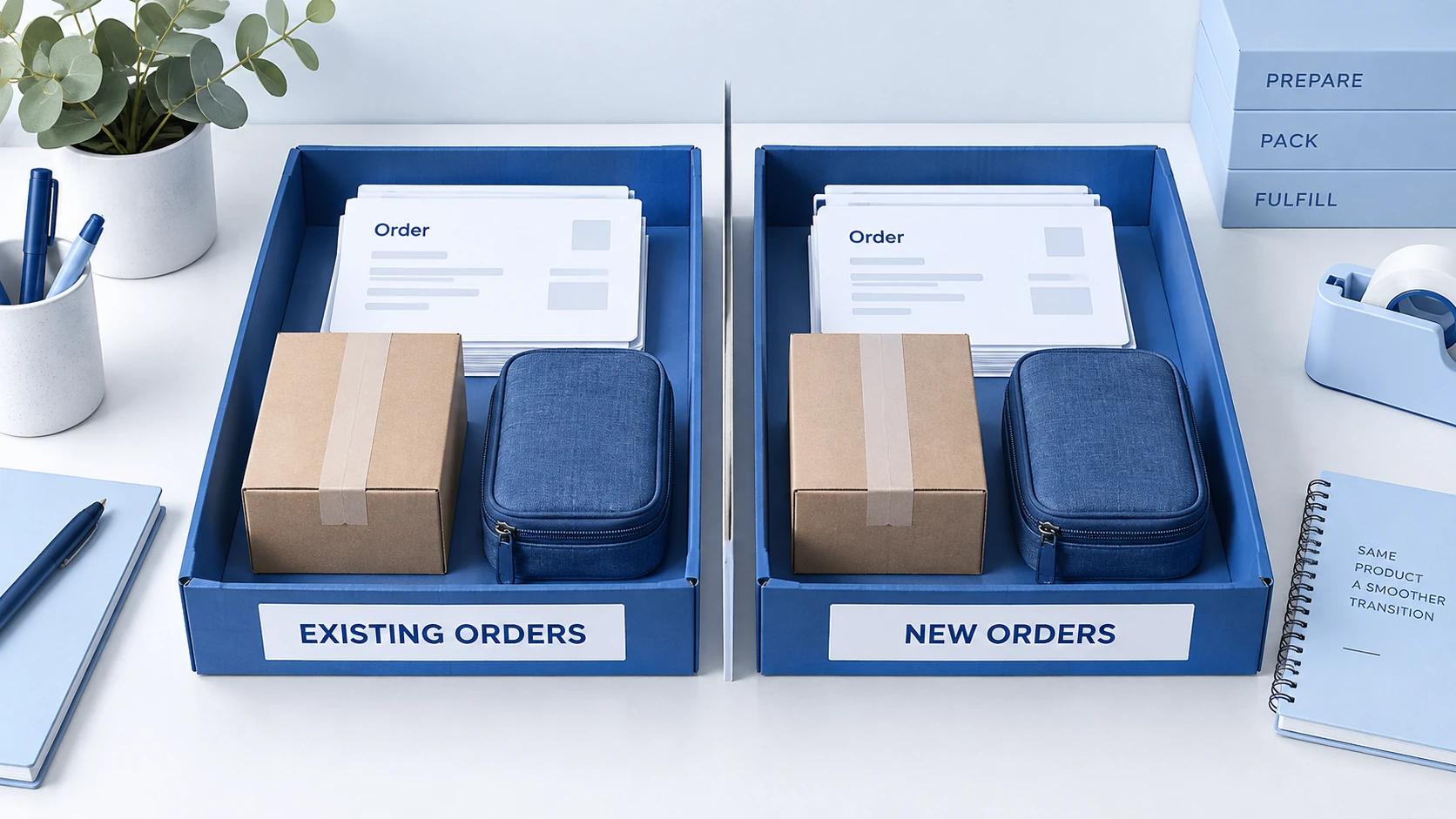 Separate trays for existing and new orders during a supplier changeover.