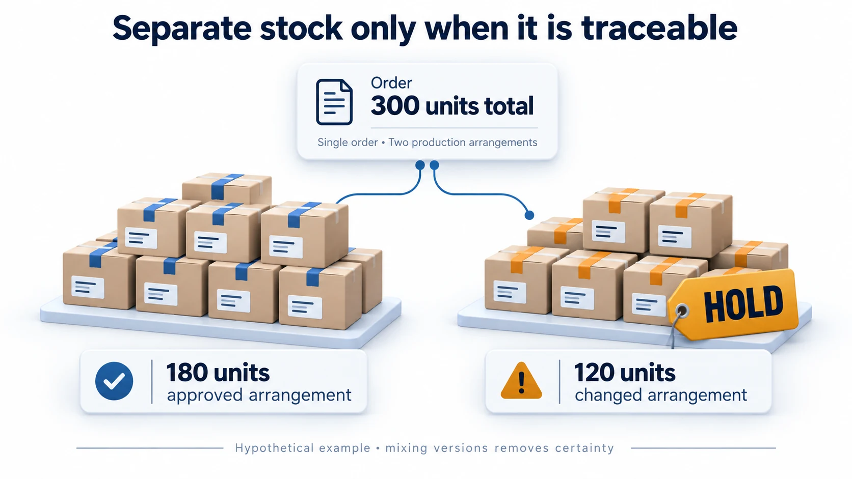 A hypothetical 300-unit order separates 180 units under the approved arrangement from 120 changed units held for review.