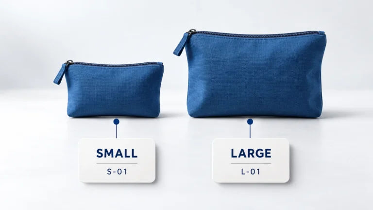 Two blue pouches of different sizes connect to separate small and large variant records.
