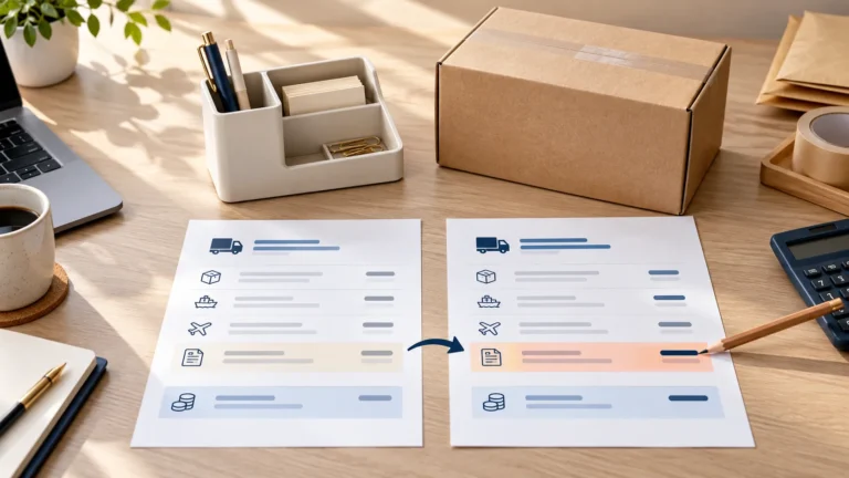 Desk organizer parcel beside two itemized cross-border shipping quotes being compared.