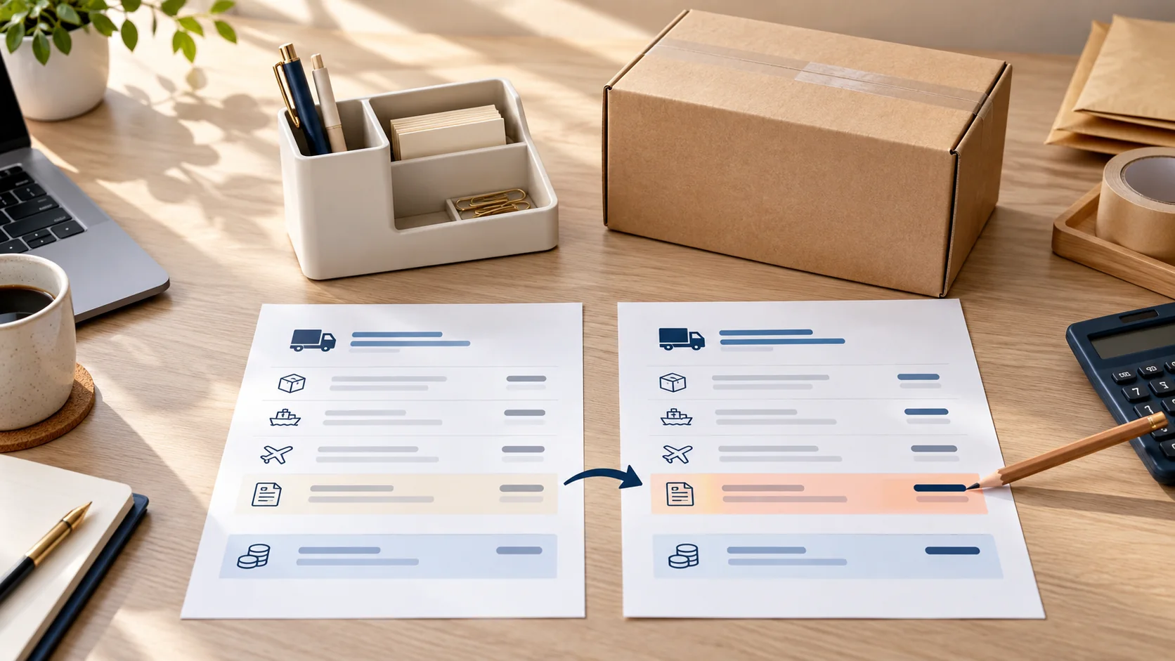 Desk organizer parcel beside two itemized cross-border shipping quotes being compared.