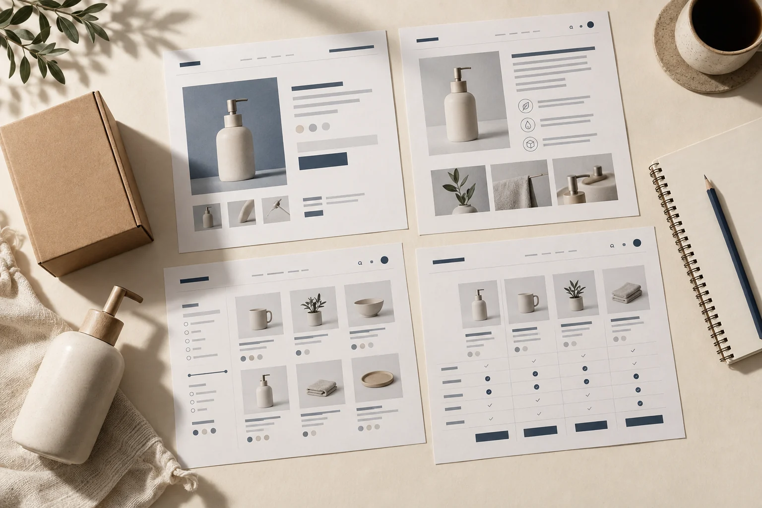 Conceptual editorial still life of four generic storefront layouts beside a product sample.
