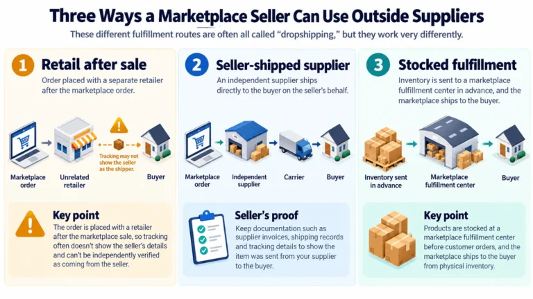 Conceptual comparison of retail-after-sale sourcing, an independent seller-shipped supplier, and inventory sent to a marketplace fulfillment center before sale