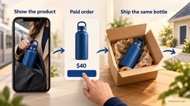 Illustrative blue bottle shown in a paid video, selected for $40 and packed for the buyer.