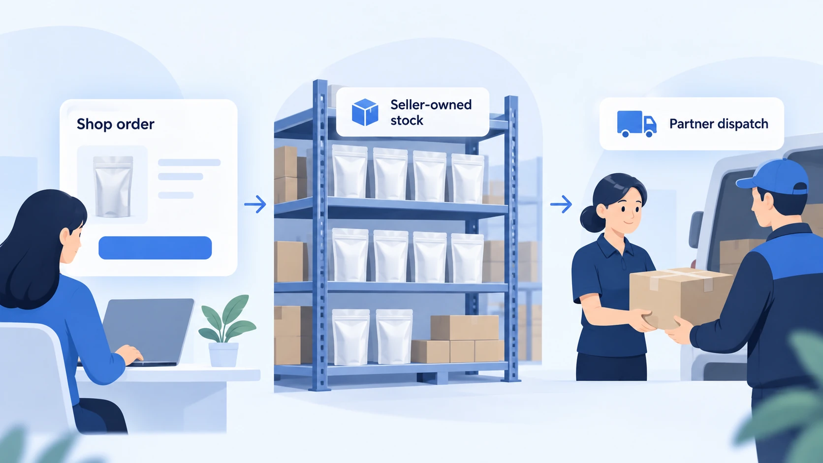 Illustration of seller-owned stock fulfilled by a warehouse partner
