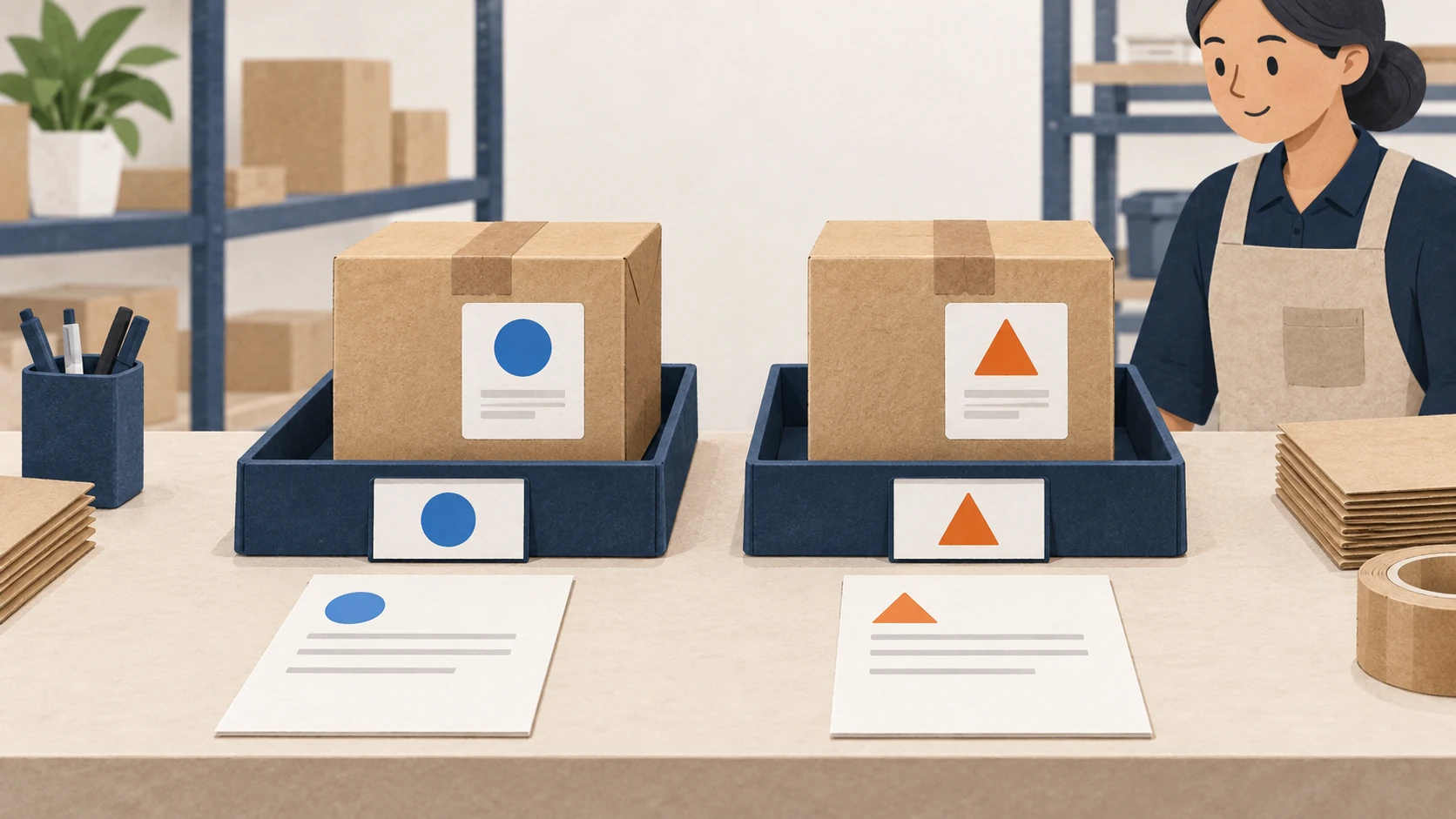 Two parcels matched to their order sheets and separate collection trays by distinct symbols