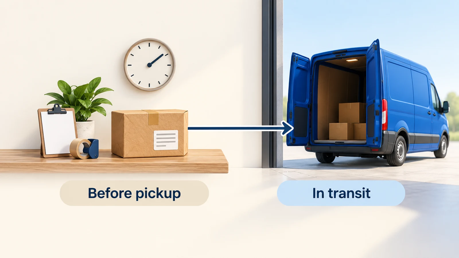 A packed order waits before pickup while a carrier van represents the separate transit stage.