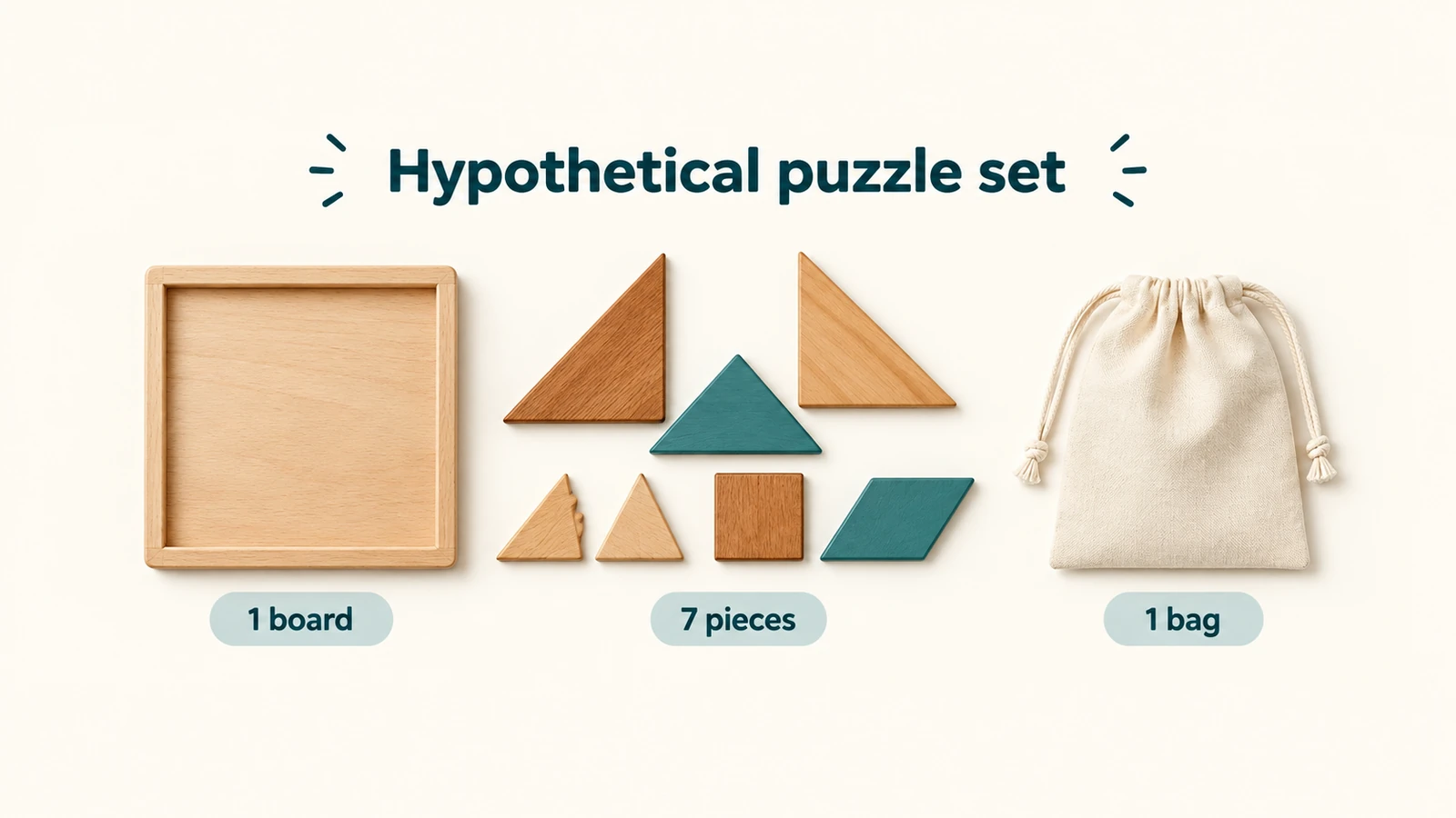 Illustration of a hypothetical puzzle set with one board, seven pieces and one bag.