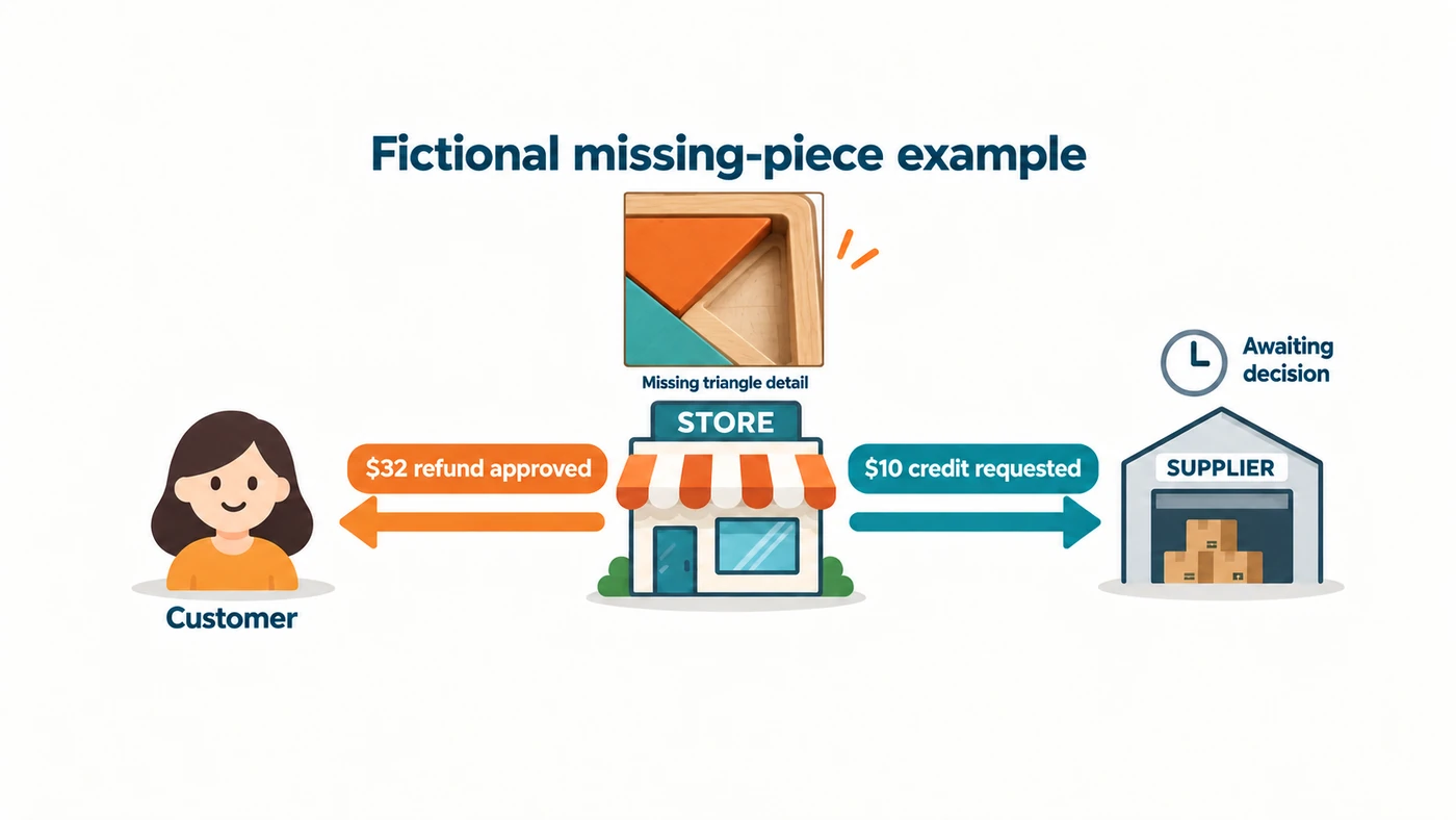 Fictional example showing a $32 customer refund approval and a separate $10 supplier-credit request awaiting a decision.