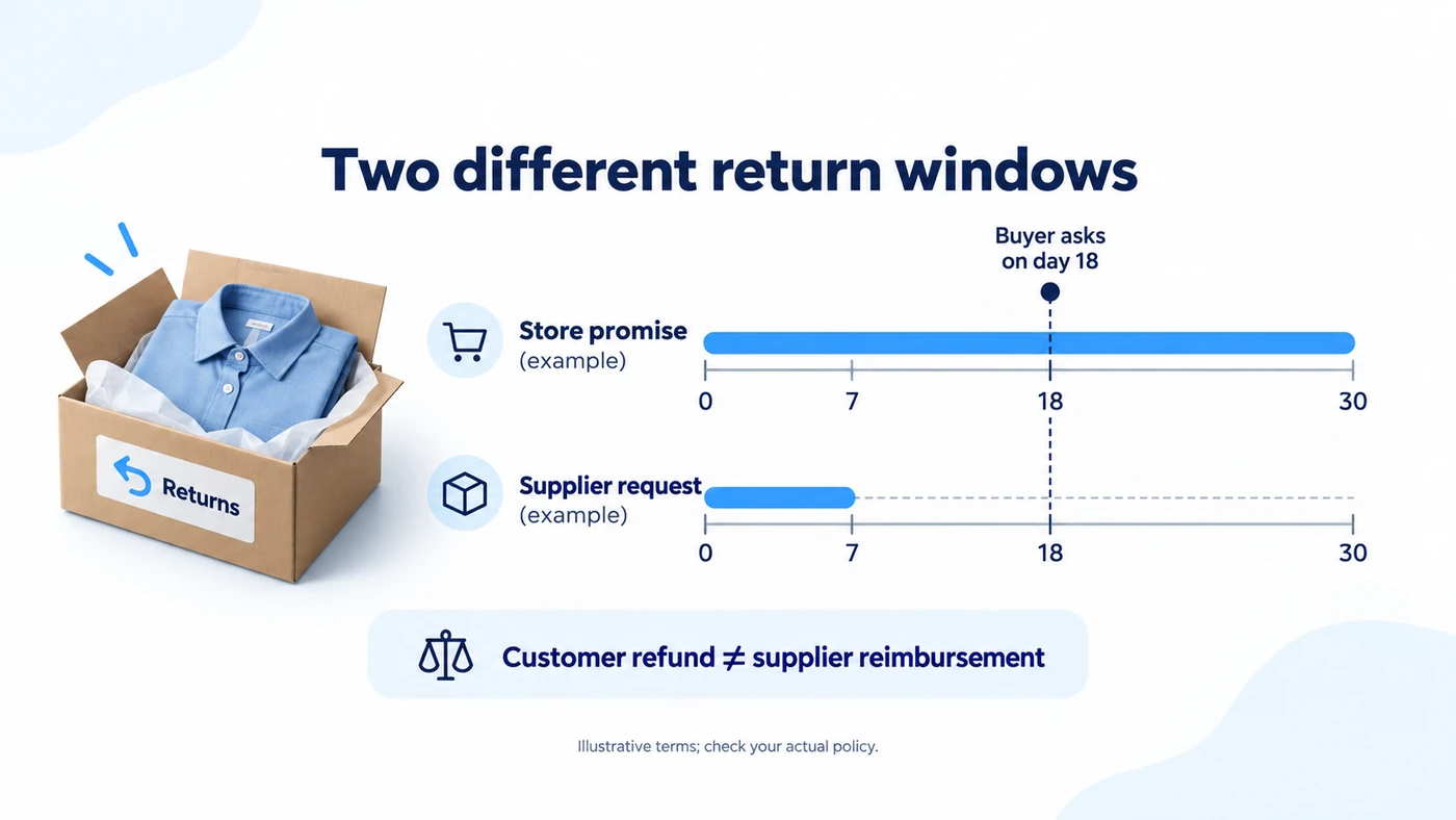 Illustrative day-18 shirt return within an assumed 30-day store promise but outside a seven-day supplier request window.