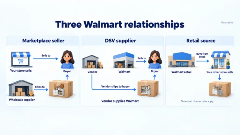 Illustrative Walmart Marketplace selling, DSV supply to Walmart and retail purchasing for another store.