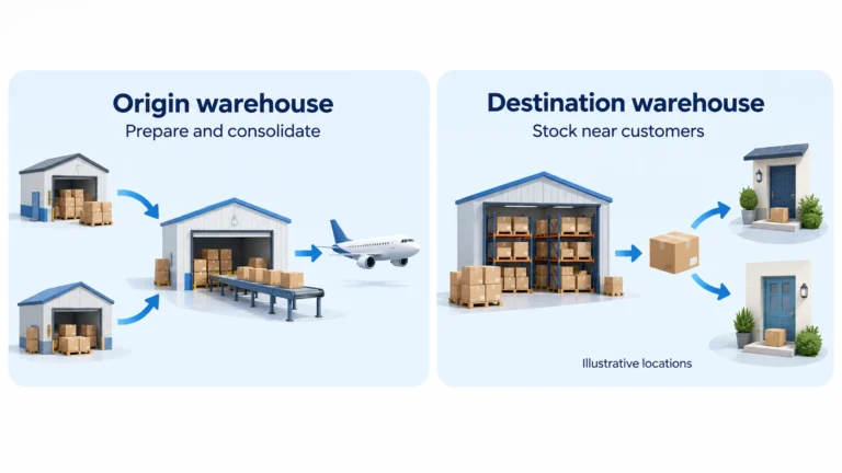 Illustrative origin consolidation and destination customer dispatch scenes.