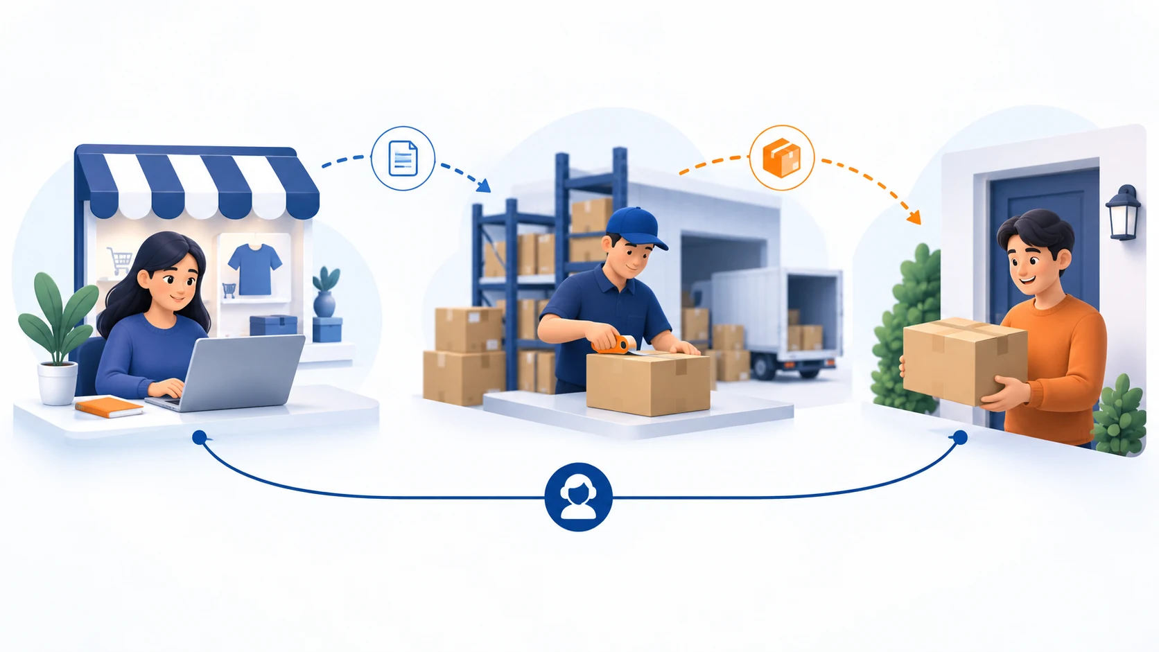 Illustration of a retailer sending an order to a supplier while keeping the customer-service relationship.