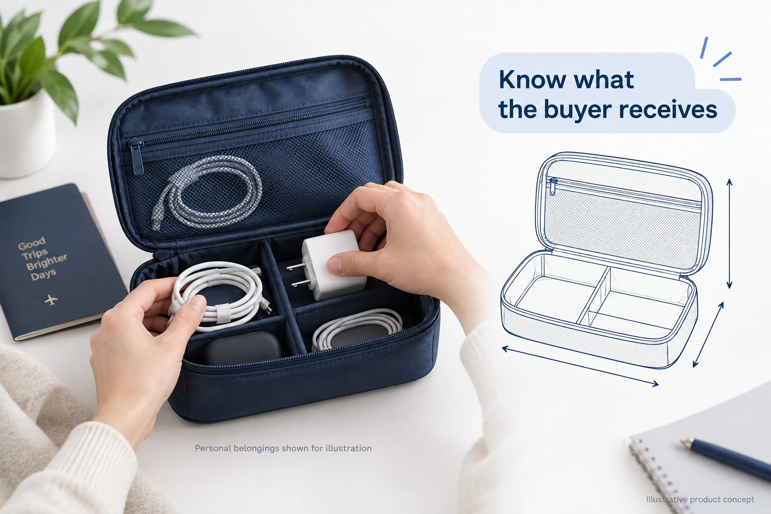 Illustrative travel pouch with visible compartments and a dimension sketch showing information a buyer needs.