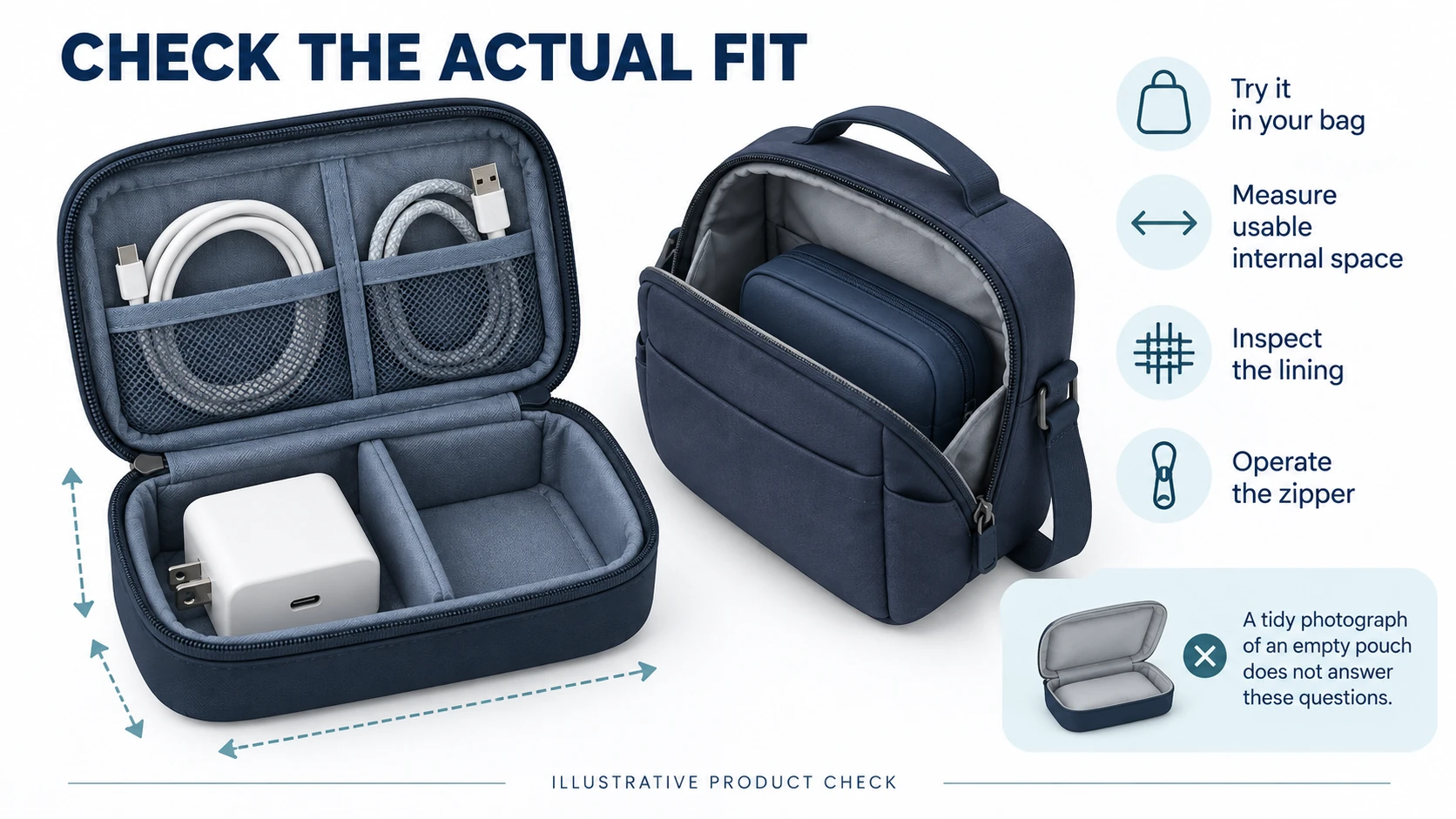 Illustrative cable pouch with charger and cables, showing sample fit and construction checks.