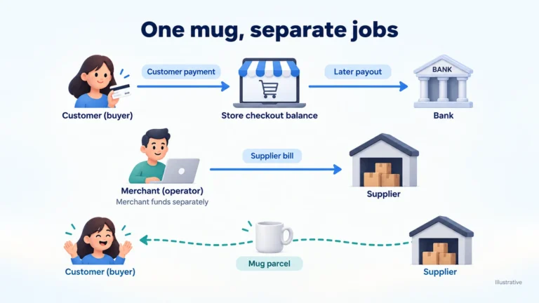 Illustrative mug order with customer payment, separate supplier bill, supplier parcel and later bank payout.