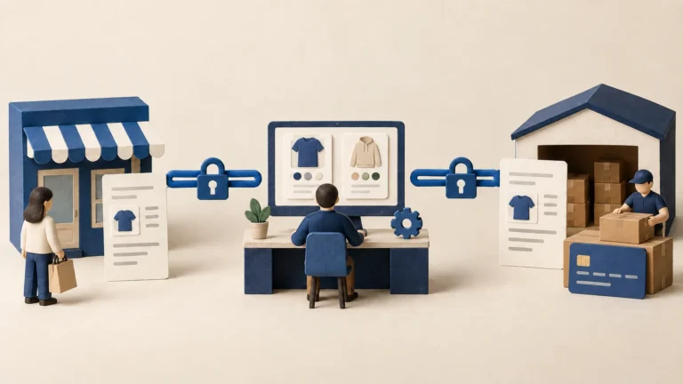 Separate authorized connections link the store to its order tool and the tool to supplier purchasing.