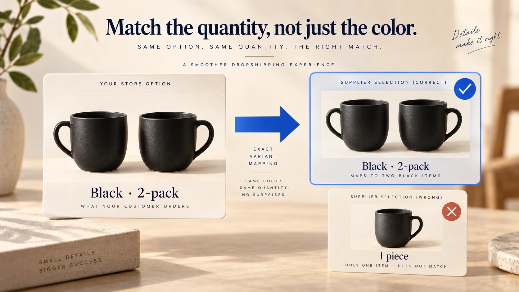 A black two-pack store option maps to two supplier cups; a single cup is the wrong quantity.