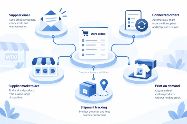 Five different software roles around a WooCommerce store: supplier email, connected orders, marketplace, print on demand and tracking.