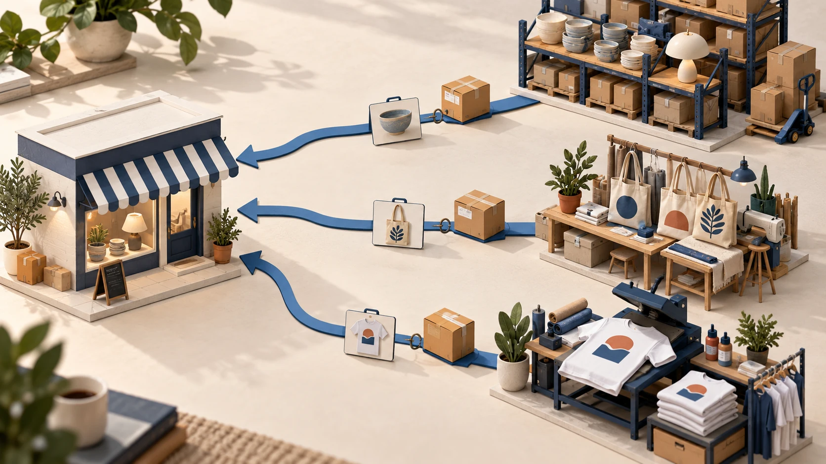 Different supplier arrangements connect wholesale goods, independent brands and printed merchandise to one store.
