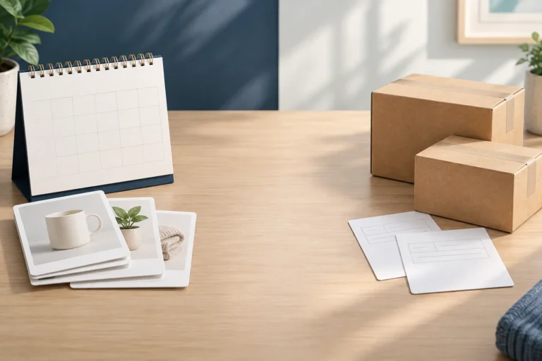 Illustrative blank billing calendar and product cards separated from two parcels with individual shipping slips.
