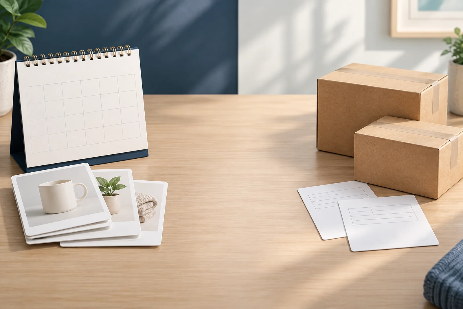 Illustrative blank billing calendar and product cards separated from two parcels with individual shipping slips.