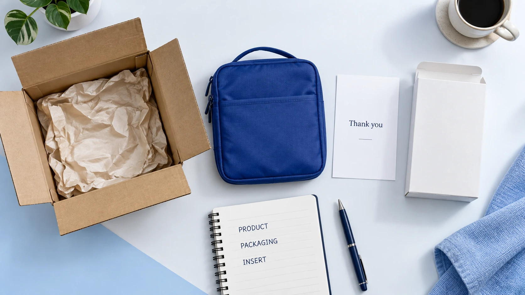 An illustrative sample product laid out beside its box, sleeve and thank-you insert.