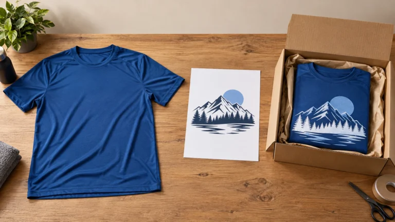 Original conceptual athletic-apparel still life: a generic blue adult athletic shirt laid flat, a separate plain artwork sheet and a small garment parcel. Show garment and decoration as separate inputs. No A4 logo, model