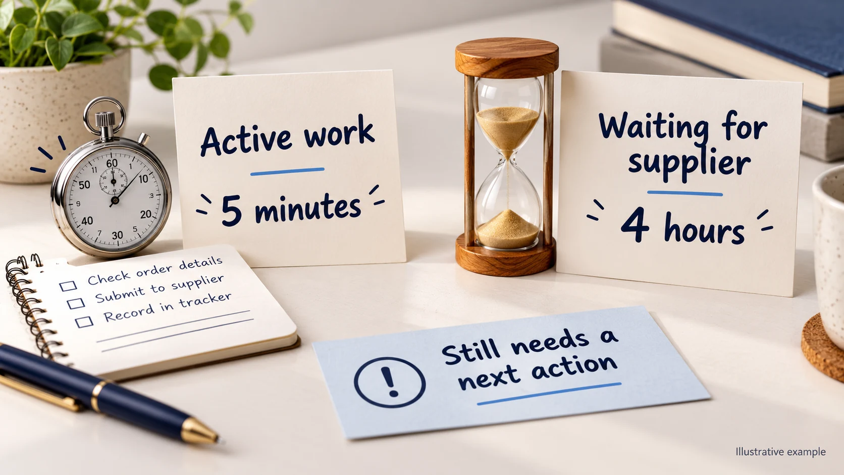 Illustrative five minutes of active work separated from four hours waiting for a supplier and a next-action reminder