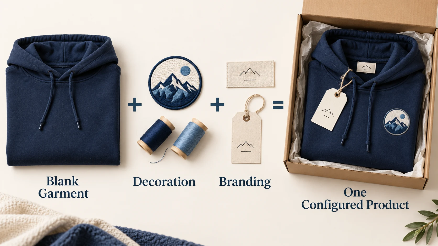 A blank garment, decoration and branding form one configured product