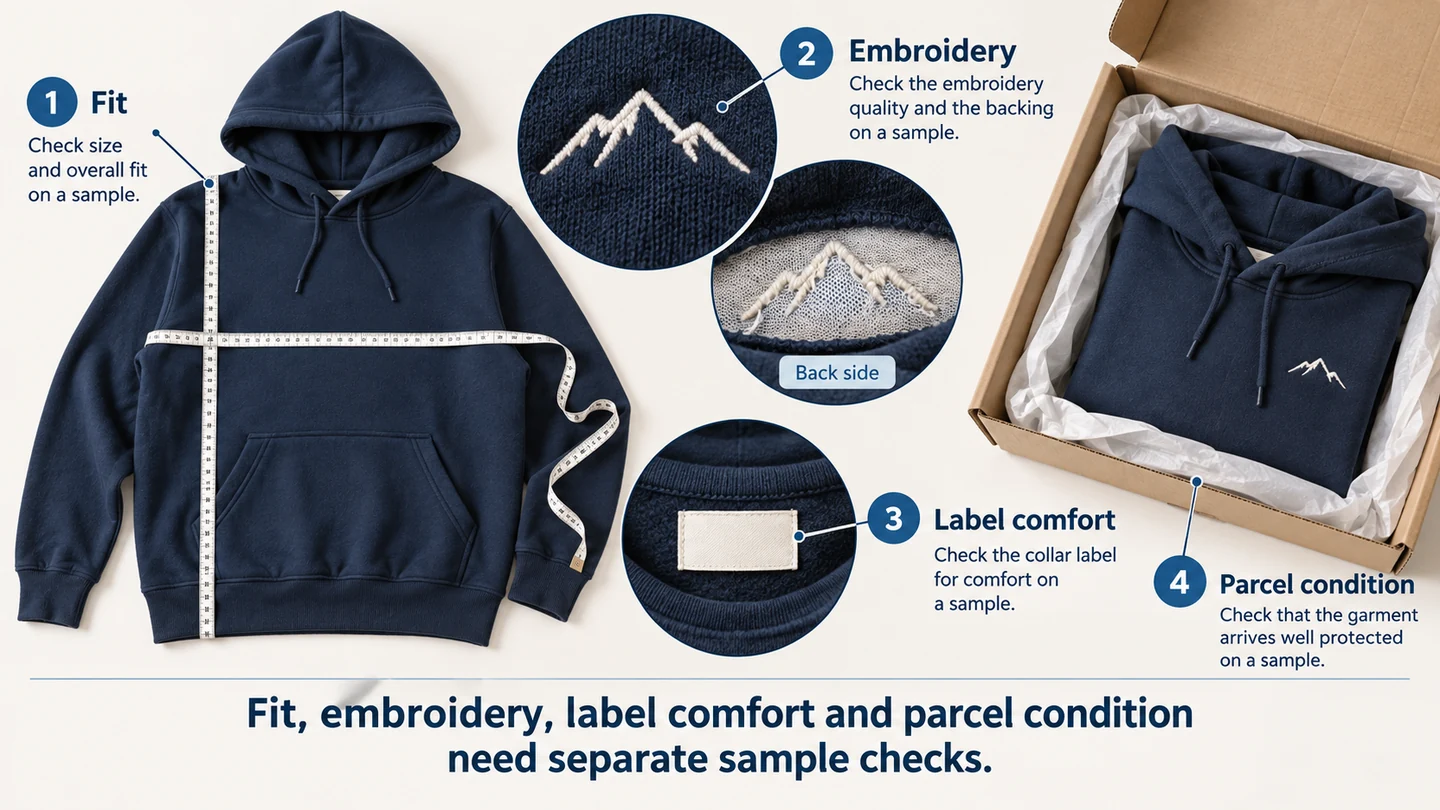 Fit, embroidery, label comfort and parcel condition need separate sample checks