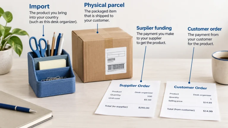 Import, supplier funding and a physical parcel are different parts of an order